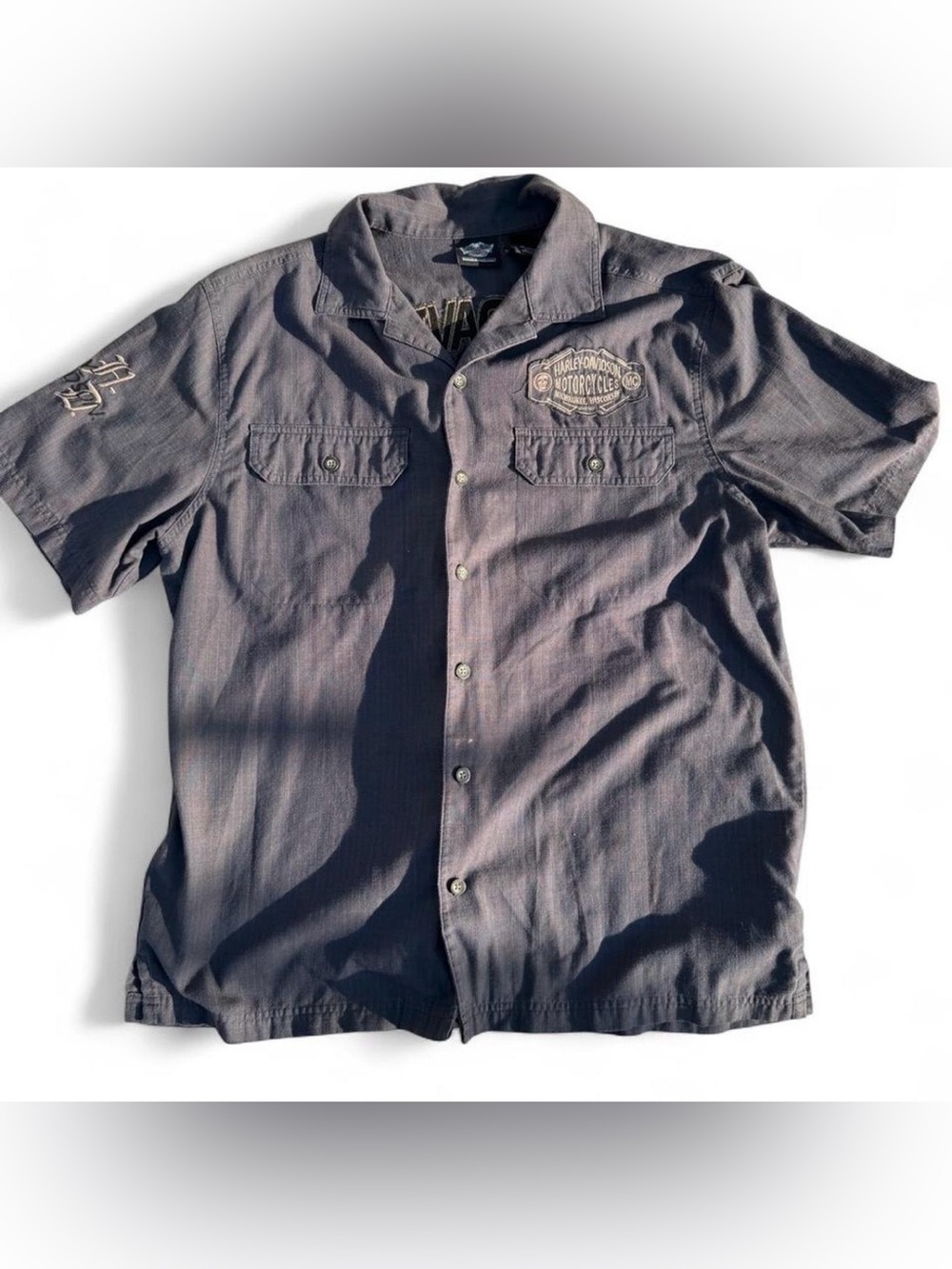 Men's Short Sleeve Work Shirt - Gray with Embroidered Patch